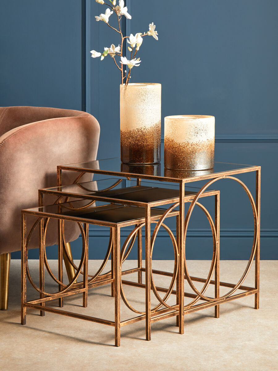 Mirrored Glass Top Nest Of 3 Tables With Bronze Metal Frame, Avantis