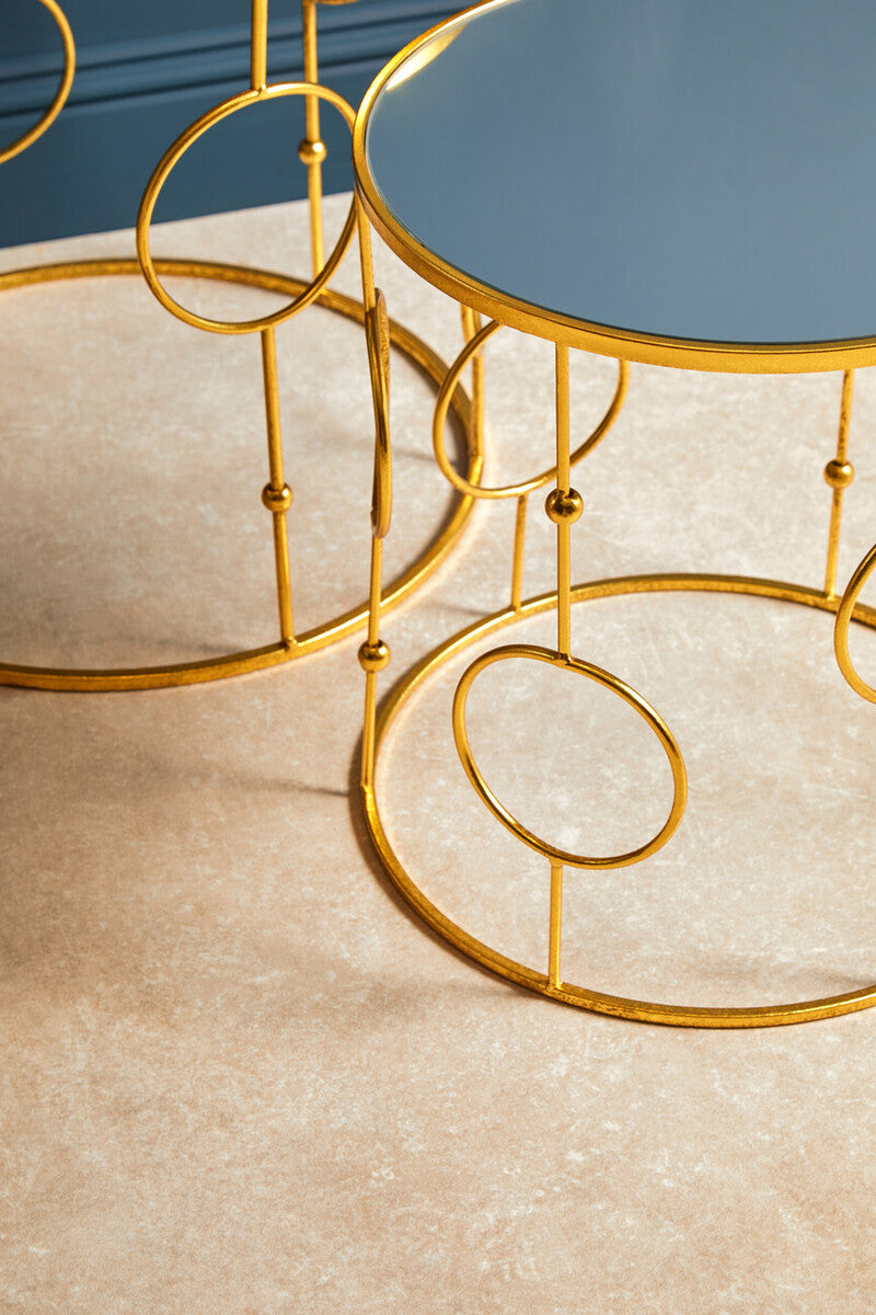 Set Of 2 Gold Metal Tables With Mirrored Glass Top, Avantis