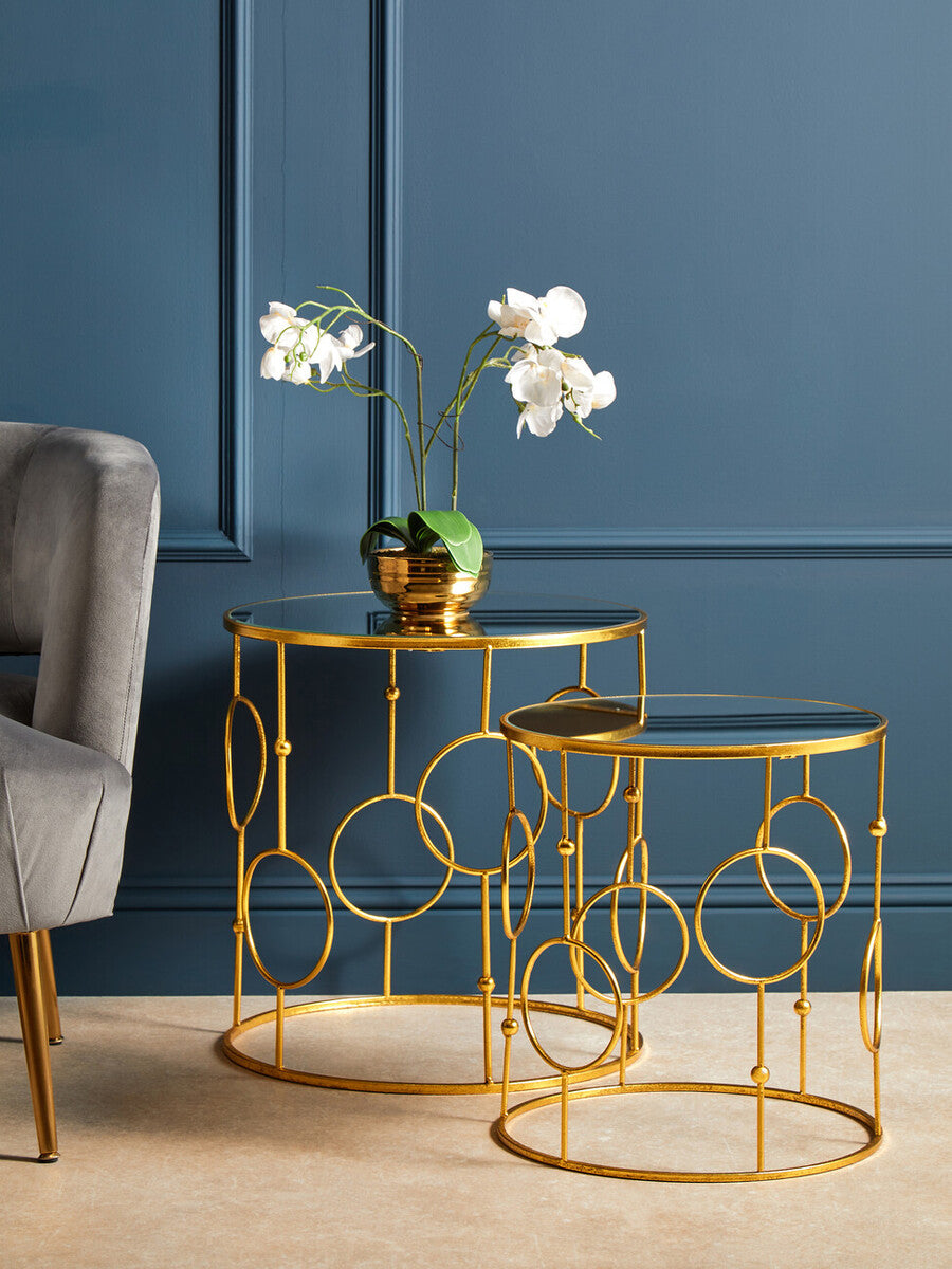 Set Of 2 Gold Metal Tables With Mirrored Glass Top, Avantis