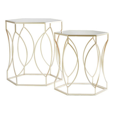 Set Of 2 Hexagon Gold Champagne Frame Side Tables With Mirrored Glass Top, Avantis