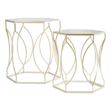 Set Of 2 Hexagon Gold Champagne Frame Side Tables With Mirrored Glass Top, Avantis