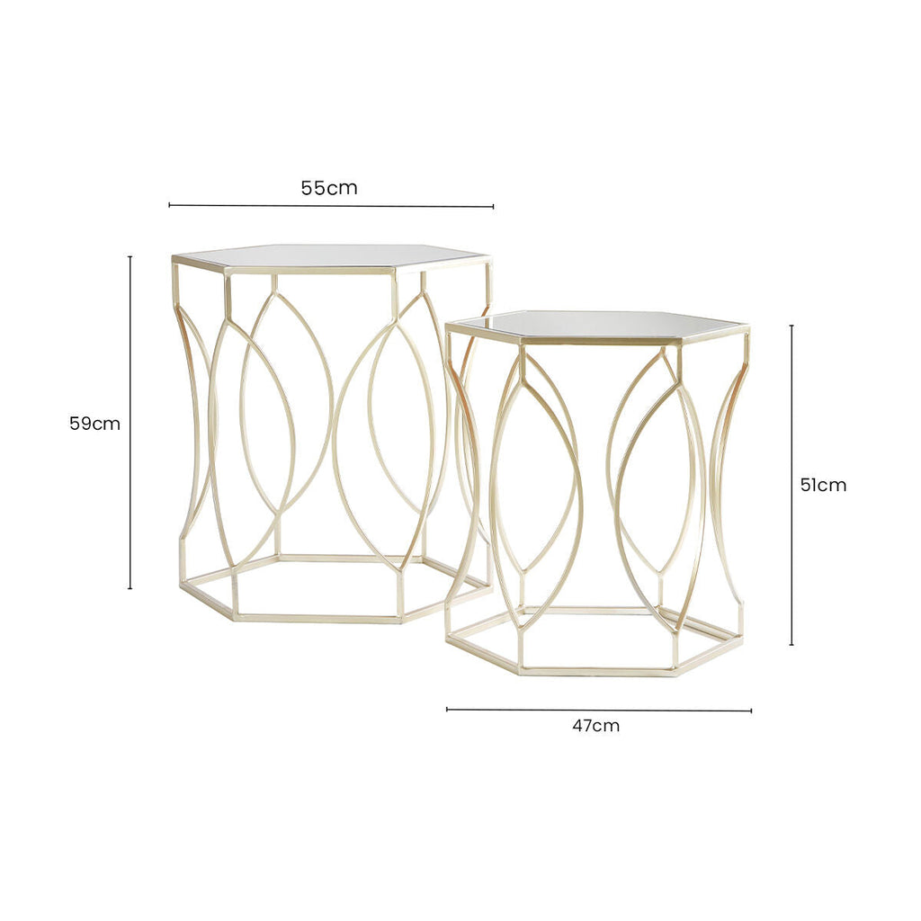 Set Of 2 Hexagon Gold Champagne Frame Side Tables With Mirrored Glass Top, Avantis
