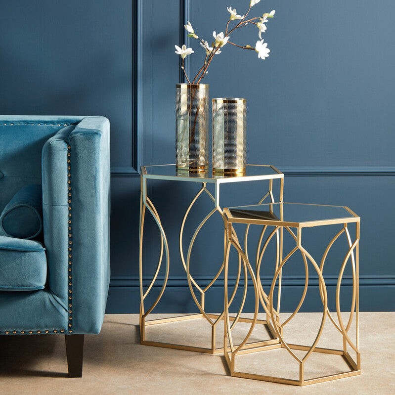 Set Of 2 Hexagon Gold Champagne Frame Side Tables With Mirrored Glass Top, Avantis
