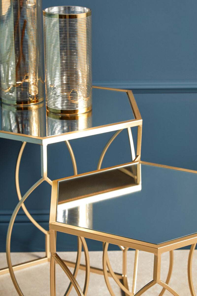 Set Of 2 Hexagon Gold Champagne Frame Side Tables With Mirrored Glass Top, Avantis