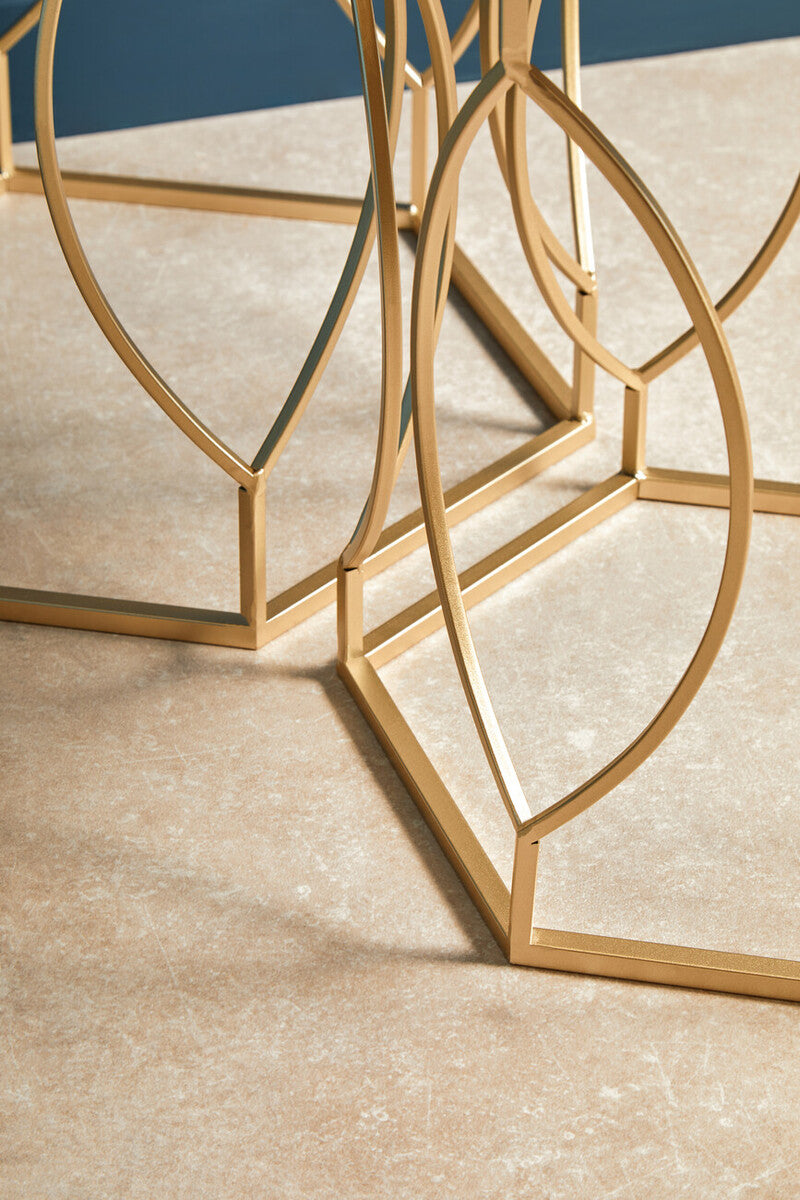Set Of 2 Hexagon Gold Champagne Frame Side Tables With Mirrored Glass Top, Avantis