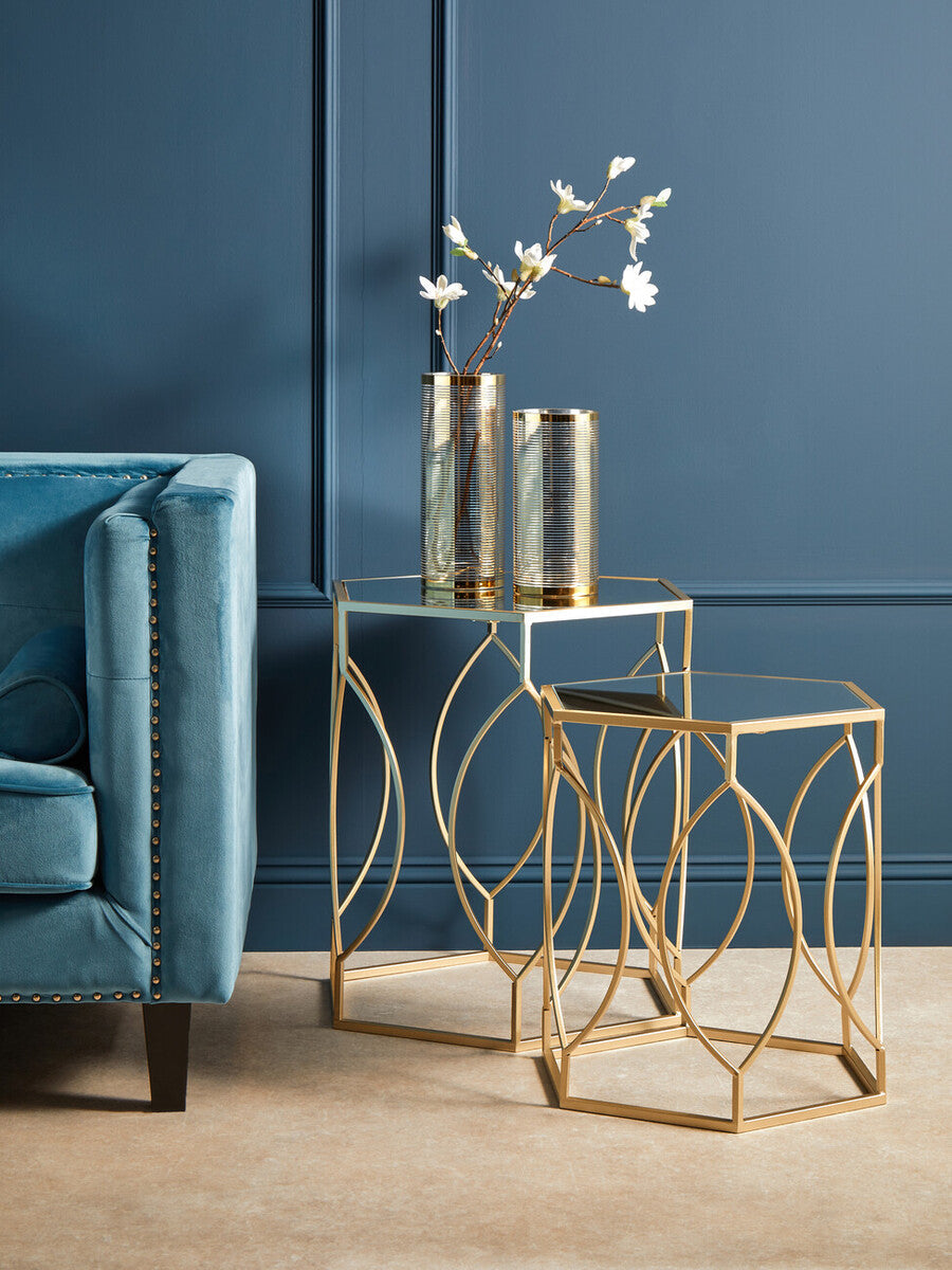 Set Of 2 Hexagon Gold Champagne Frame Side Tables With Mirrored Glass Top, Avantis