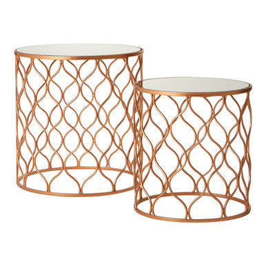Set Of 2 White Mirrored Top & Gold Copper Base Tables, Avantis