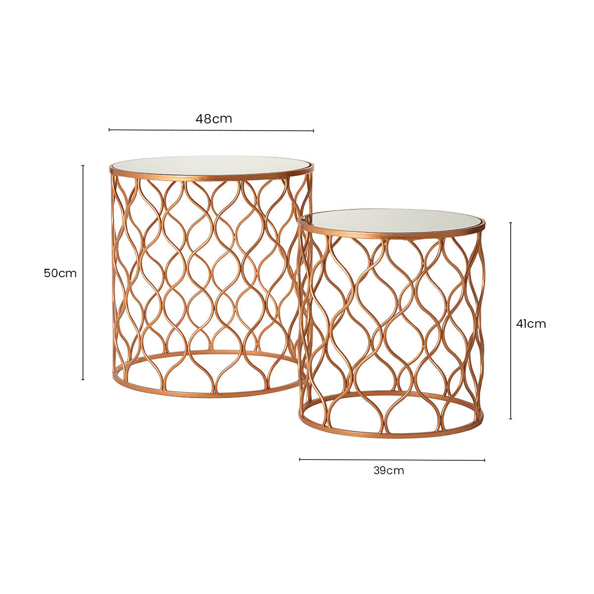 Set Of 2 White Mirrored Top & Gold Copper Base Tables, Avantis