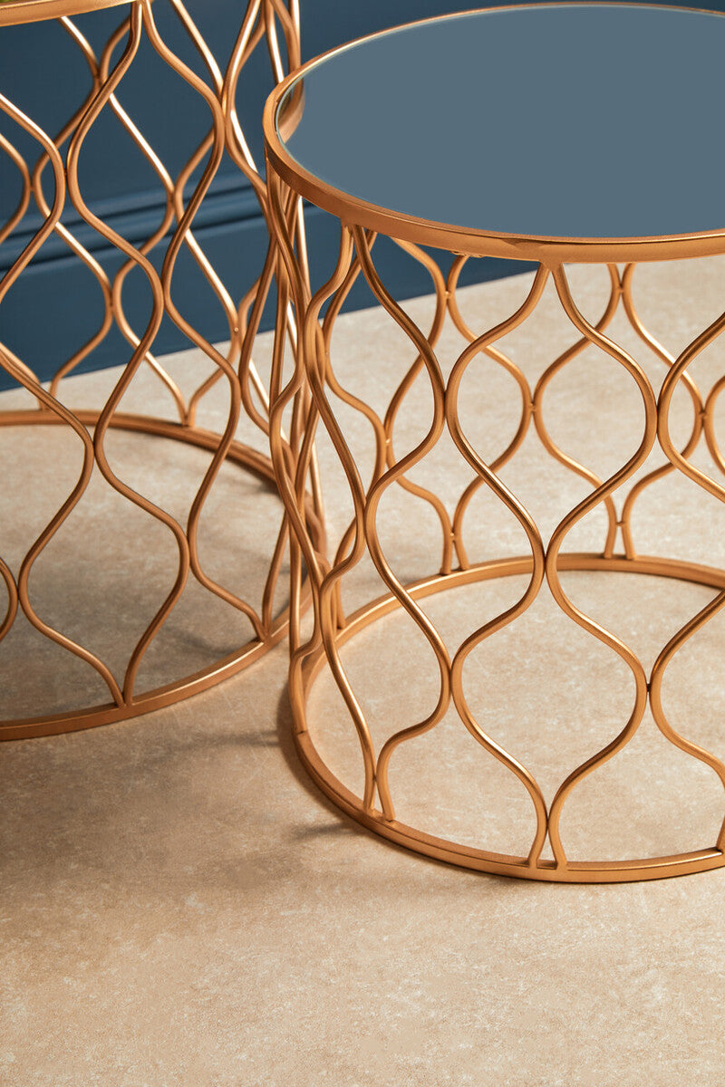 Set Of 2 White Mirrored Top & Gold Copper Base Tables, Avantis
