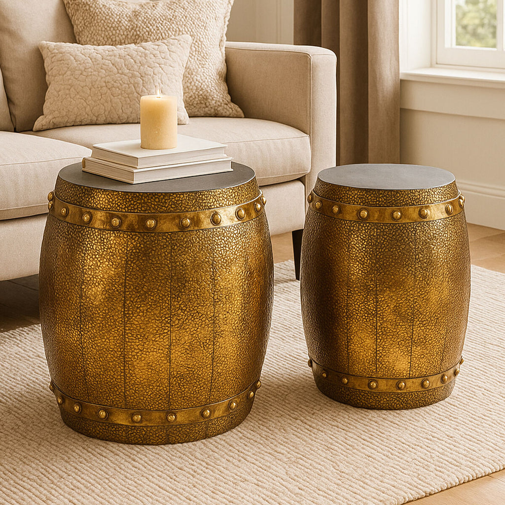 Reza Set Of 2 Hammered Drum Stools & Tables
