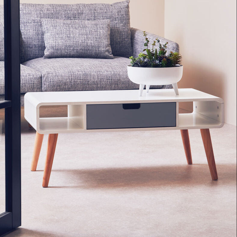 Scandinavian Style Grey White Wooden Coffee Table With Drawer & Open Shelves, Milo