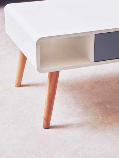 Scandinavian Style Grey White Wooden Coffee Table With Drawer & Open Shelves, Milo