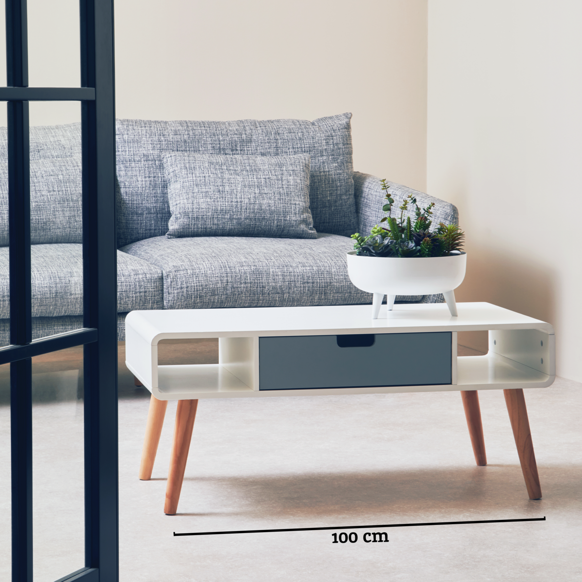 Scandinavian Style Grey White Wooden Coffee Table With Drawer & Open Shelves, Milo