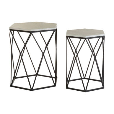 White Marble Top & Black Metal Frame Set Of 2 Hexagonal Side Tables, Arcana