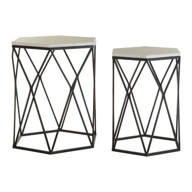 White Marble Top & Black Metal Frame Set Of 2 Hexagonal Side Tables, Arcana