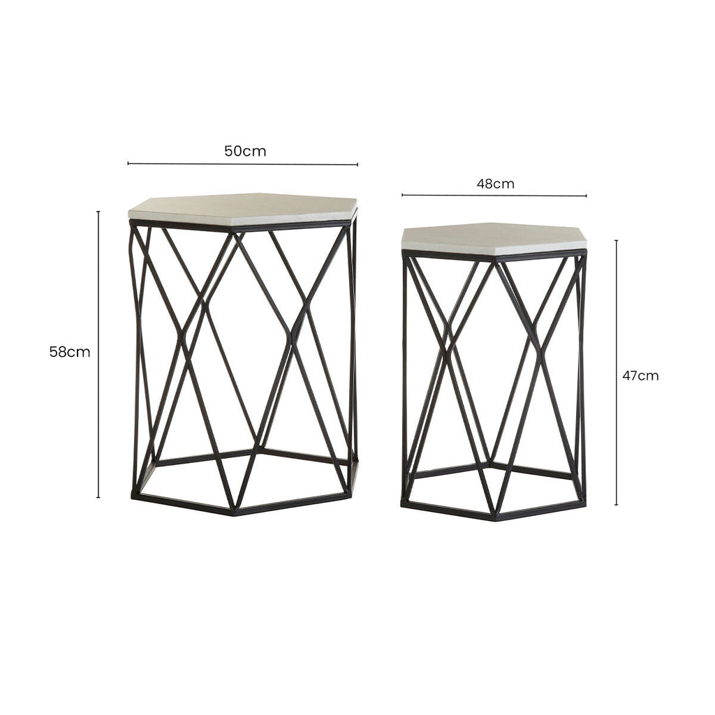White Marble Top & Black Metal Frame Set Of 2 Hexagonal Side Tables, Arcana