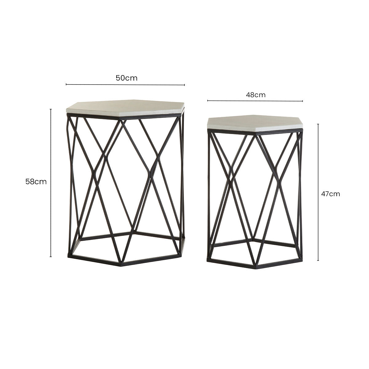 White Marble Top & Black Metal Frame Set Of 2 Hexagonal Side Tables, Arcana