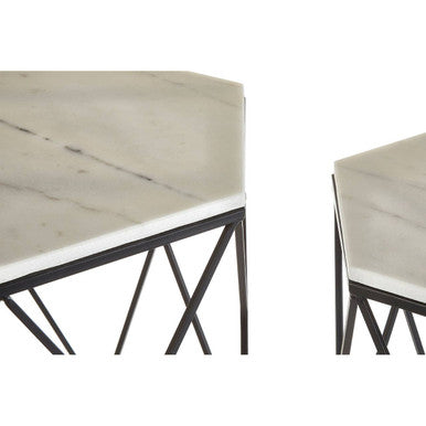 White Marble Top & Black Metal Frame Set Of 2 Hexagonal Side Tables, Arcana