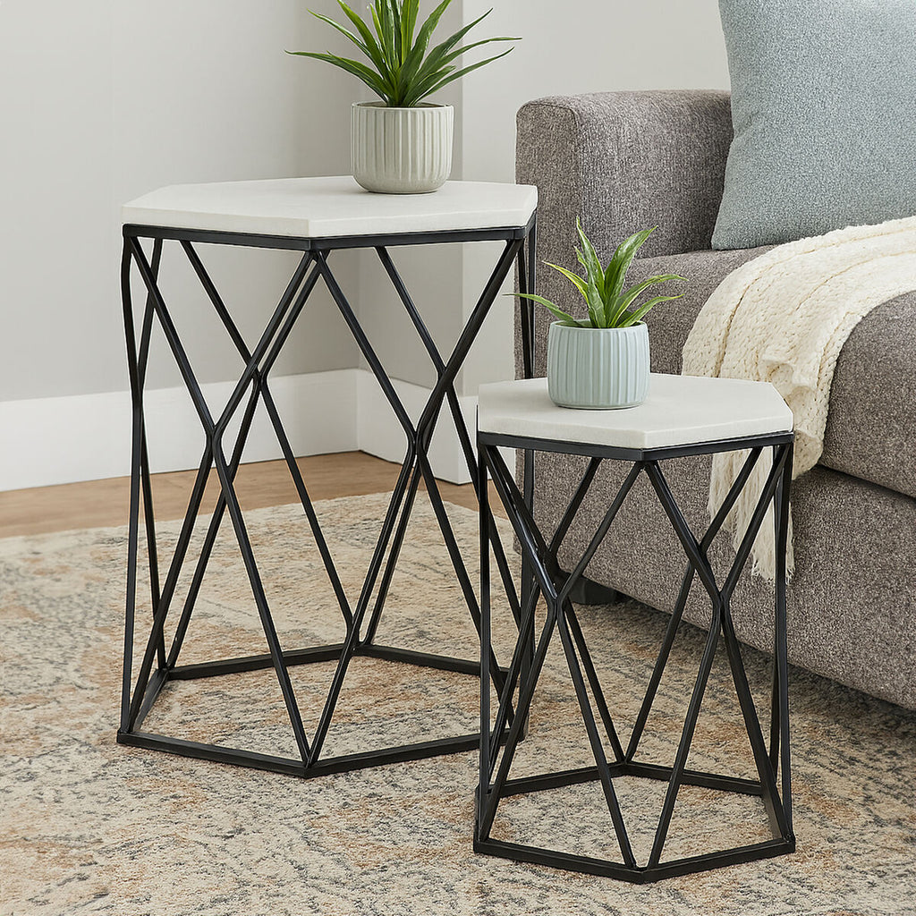 White Marble Top & Black Metal Frame Set Of 2 Hexagonal Side Tables, Arcana
