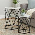 White Marble Top & Black Metal Frame Set Of 2 Hexagonal Side Tables, Arcana