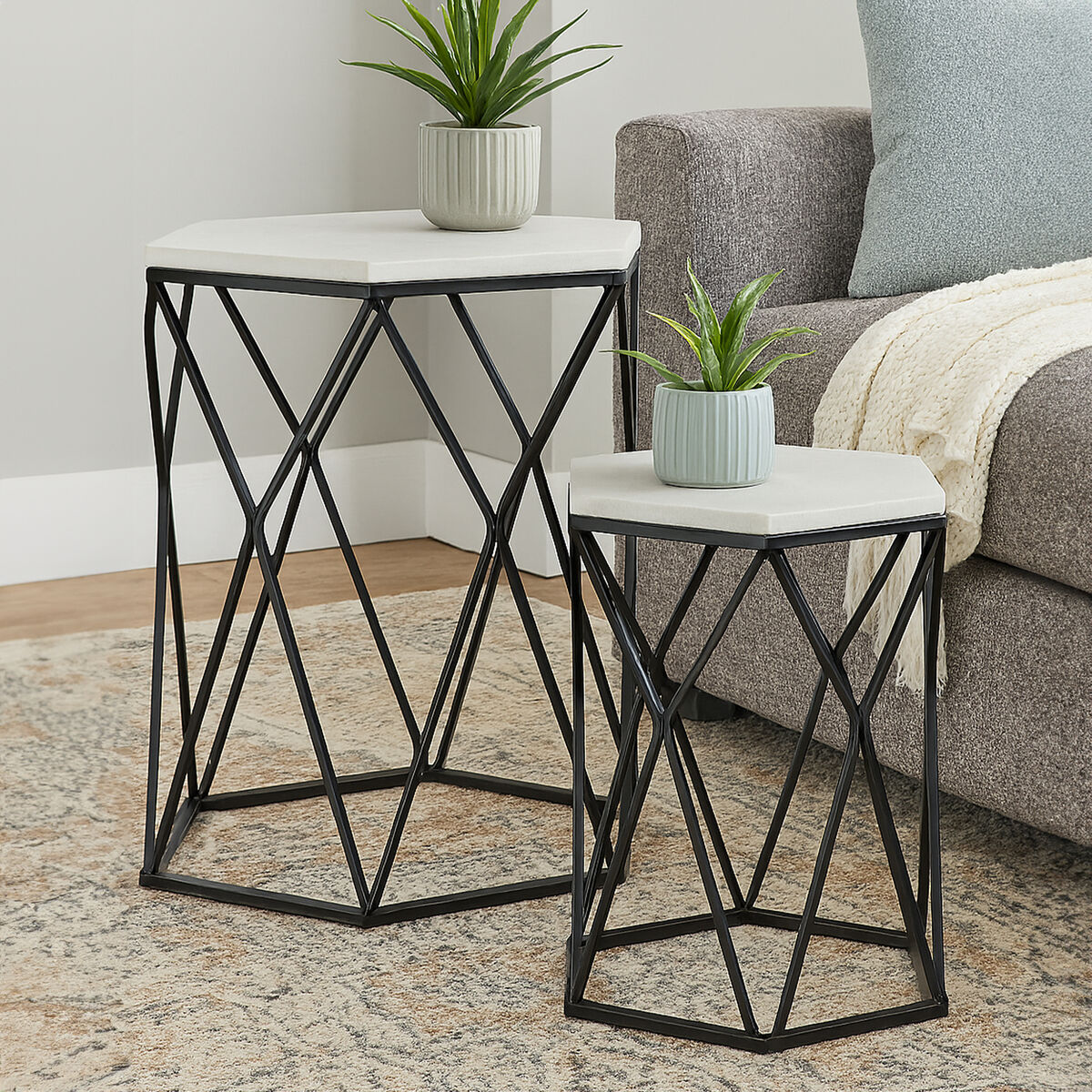 White Marble Top & Black Metal Frame Set Of 2 Hexagonal Side Tables, Arcana
