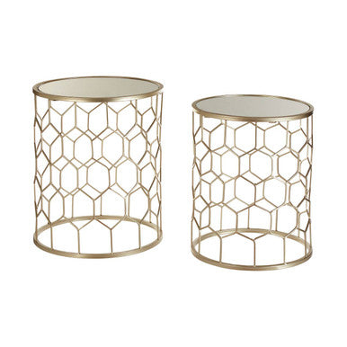 Set Of 2 Mirrored Glass Top Honeycomb Side Tables With Gold Metal Frame, Arcana