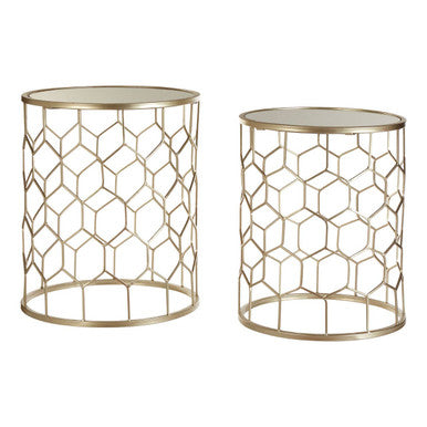 Set Of 2 Mirrored Glass Top Honeycomb Side Tables With Gold Metal Frame, Arcana
