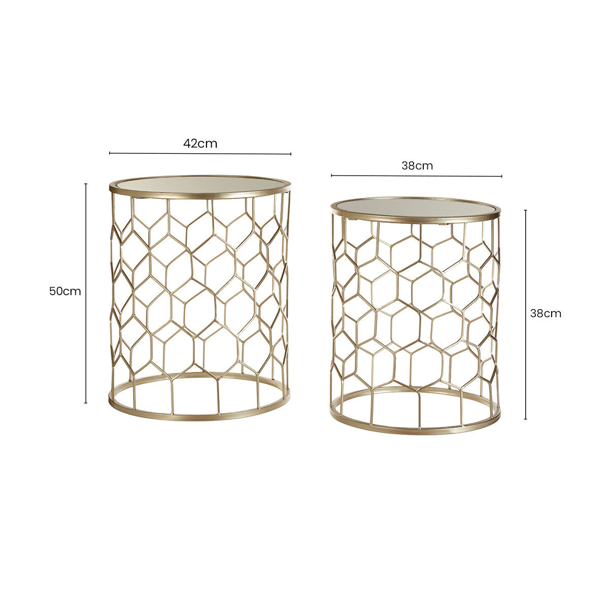 Set Of 2 Mirrored Glass Top Honeycomb Side Tables With Gold Metal Frame, Arcana