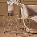 Set Of 2 Mirrored Glass Top Honeycomb Side Tables With Gold Metal Frame, Arcana