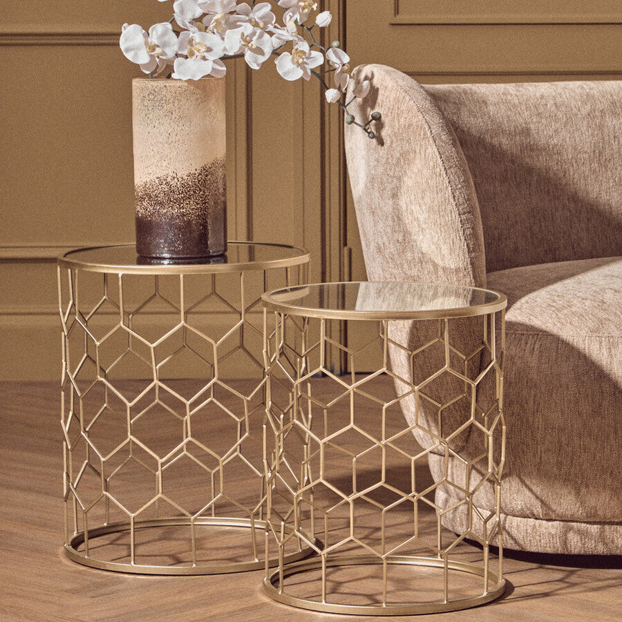 Set Of 2 Mirrored Glass Top Honeycomb Side Tables With Gold Metal Frame, Arcana