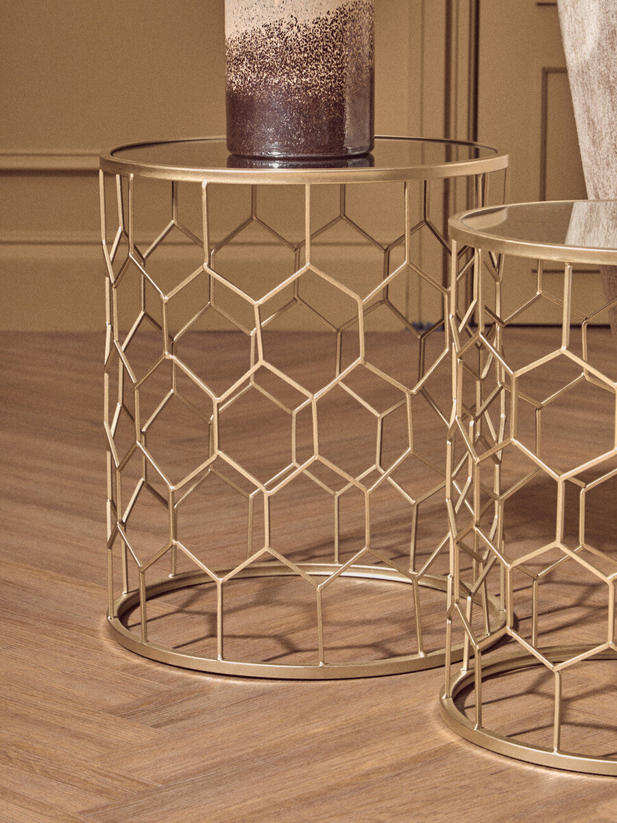 Set Of 2 Mirrored Glass Top Honeycomb Side Tables With Gold Metal Frame, Arcana