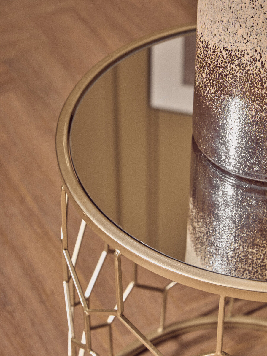 Set Of 2 Mirrored Glass Top Honeycomb Side Tables With Gold Metal Frame, Arcana
