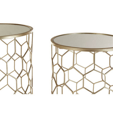 Set Of 2 Mirrored Glass Top Honeycomb Side Tables With Gold Metal Frame, Arcana
