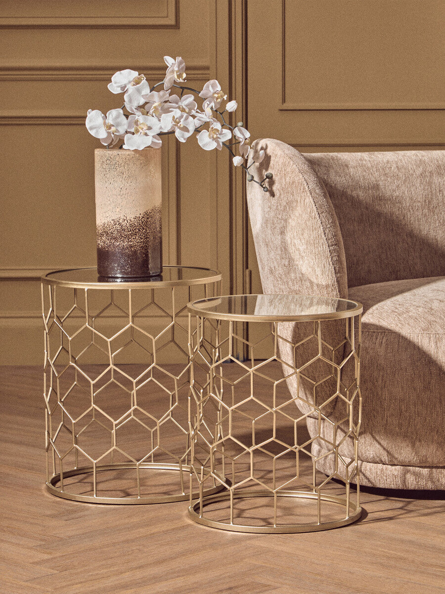 Set Of 2 Mirrored Glass Top Honeycomb Side Tables With Gold Metal Frame, Arcana