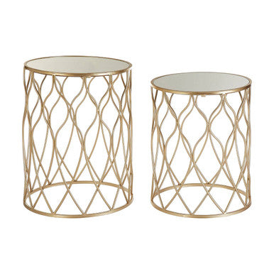Set Of 2 Mirrored Glass Top Side Tables With Gold Metal Frame, Arcana