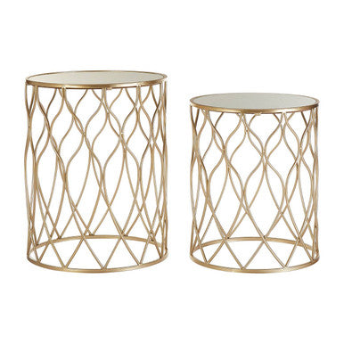 Set Of 2 Mirrored Glass Top Side Tables With Gold Metal Frame, Arcana