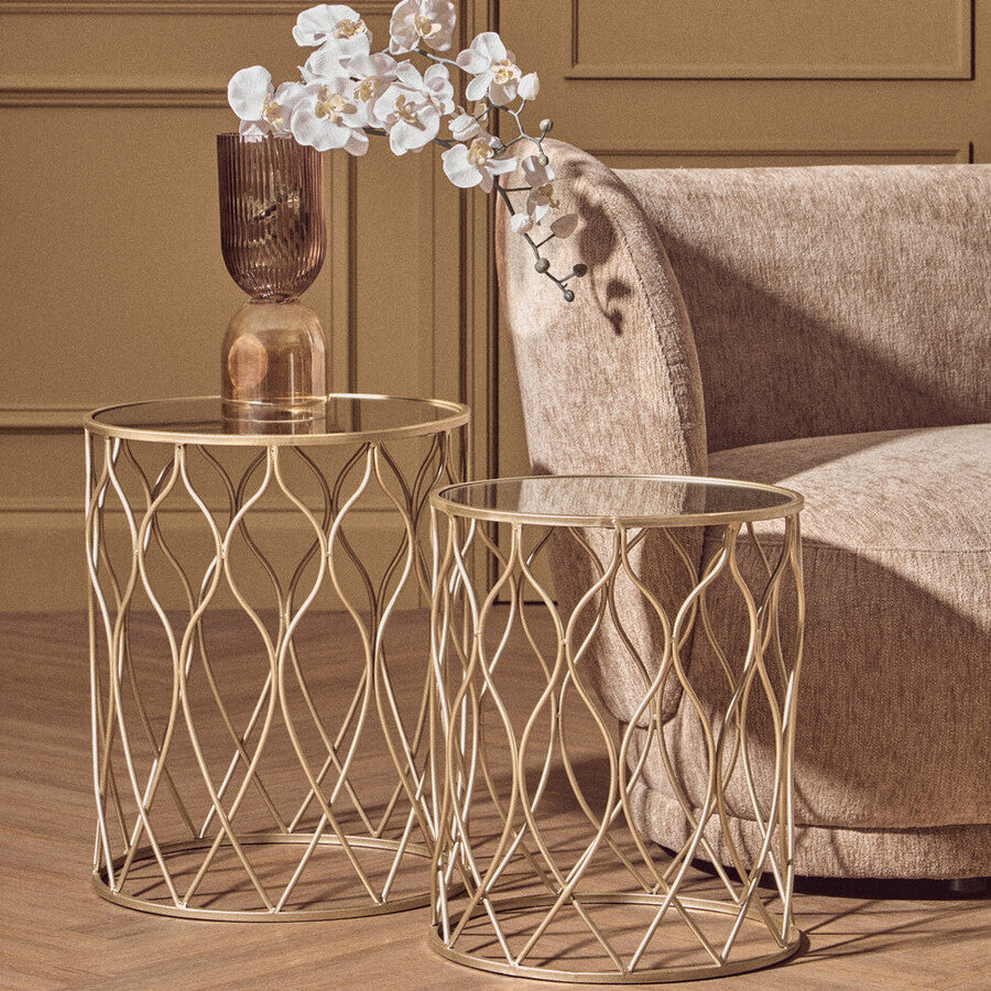 Set Of 2 Mirrored Glass Top Side Tables With Gold Metal Frame, Arcana