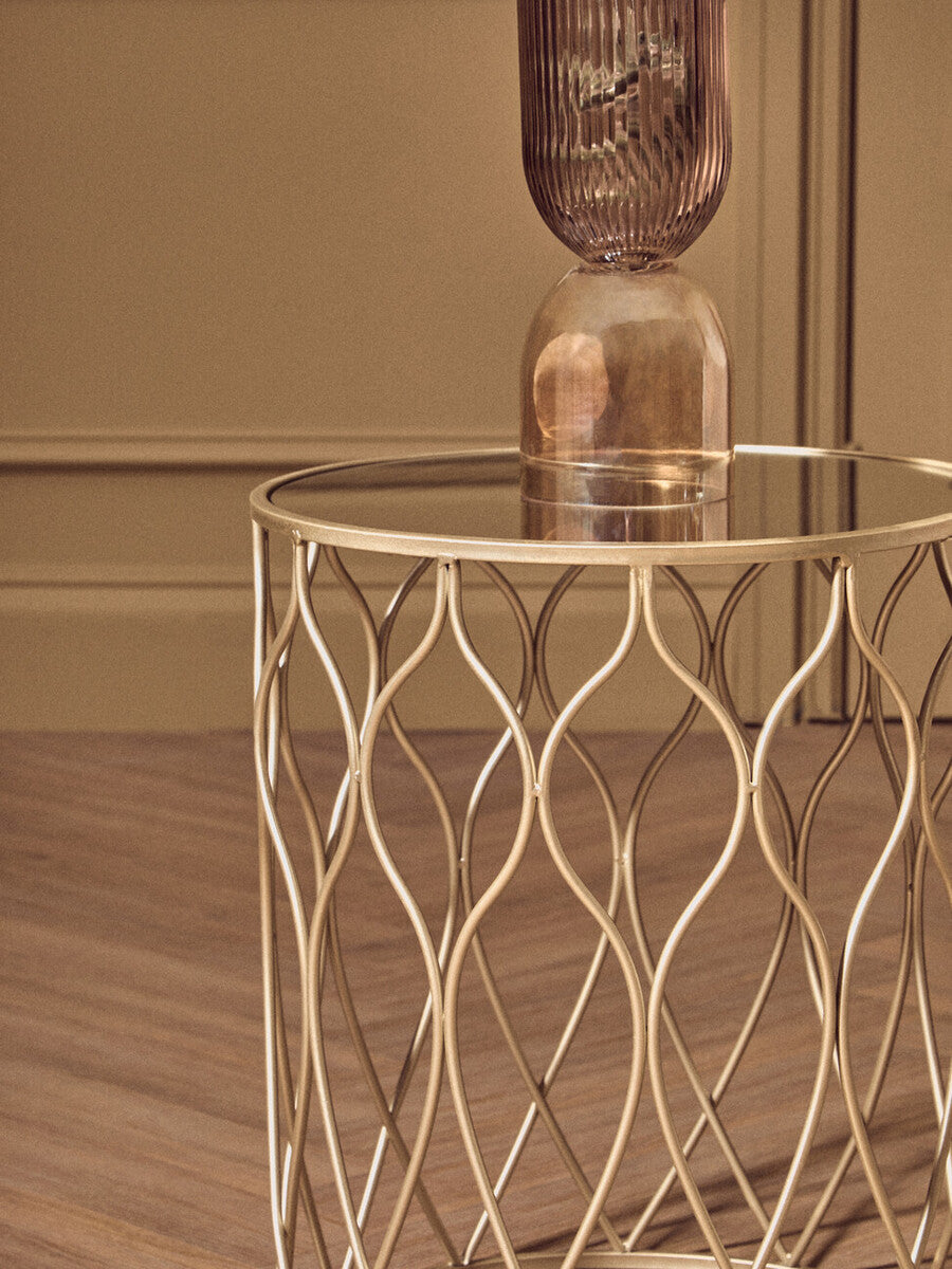 Set Of 2 Mirrored Glass Top Side Tables With Gold Metal Frame, Arcana