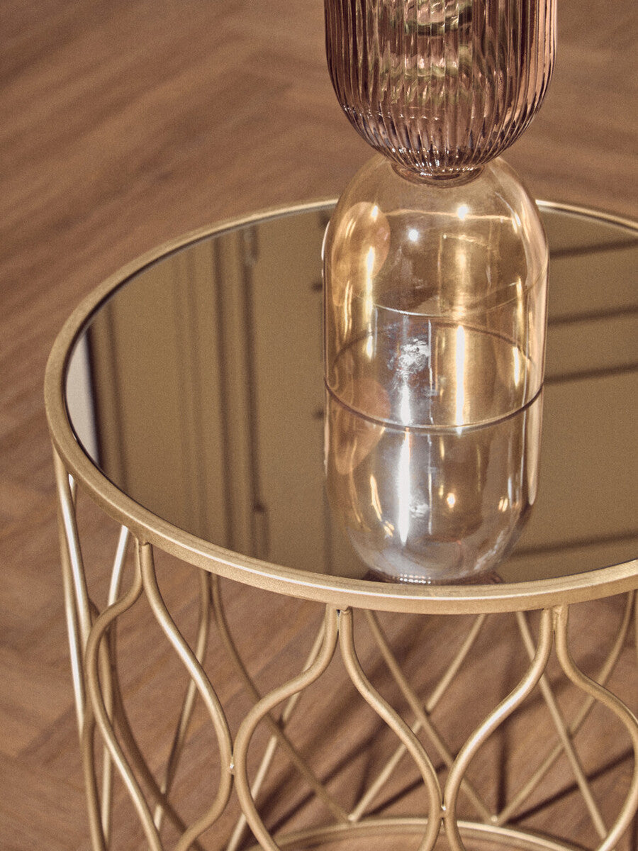 Set Of 2 Mirrored Glass Top Side Tables With Gold Metal Frame, Arcana
