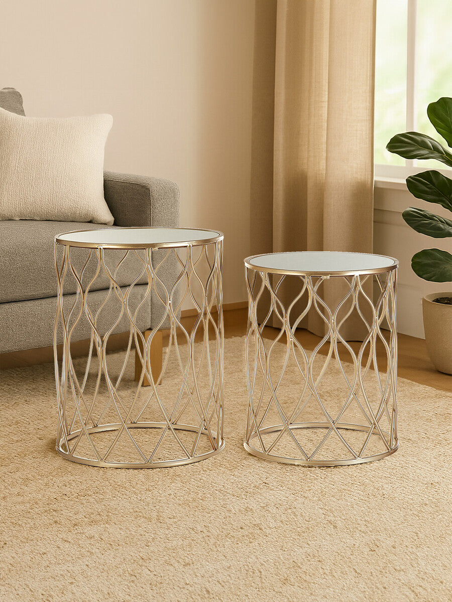 Set Of 2 Mirrored Glass Top Side Tables With Gold Metal Frame, Arcana