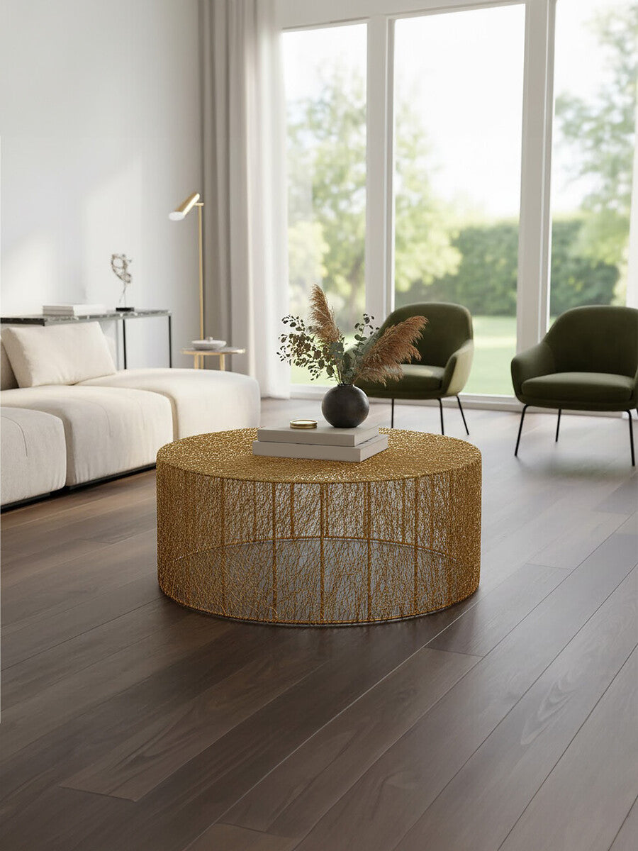 Gold Circular Iron Coffee Table With Gold Vertical Line Frame, Templar