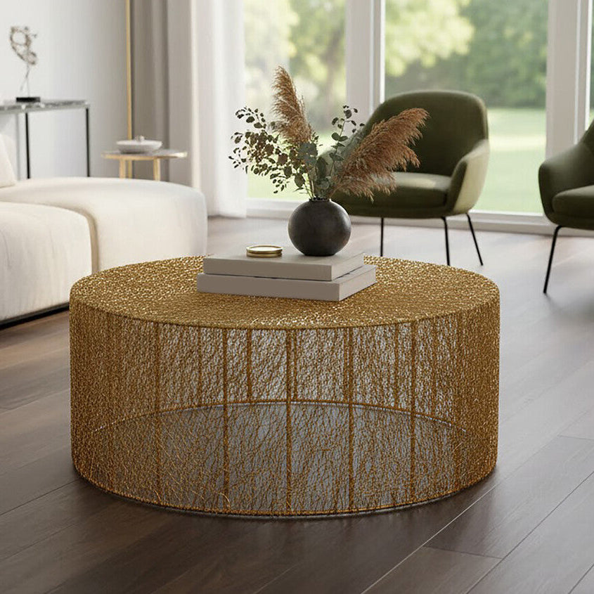 Gold Circular Iron Coffee Table With Gold Vertical Line Frame, Templar