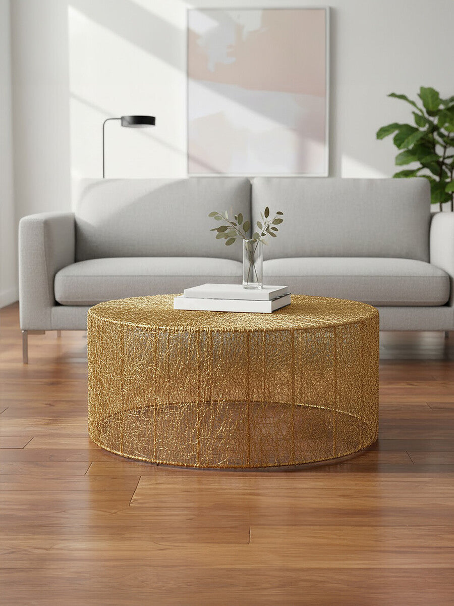 Gold Circular Iron Coffee Table With Gold Vertical Line Frame, Templar