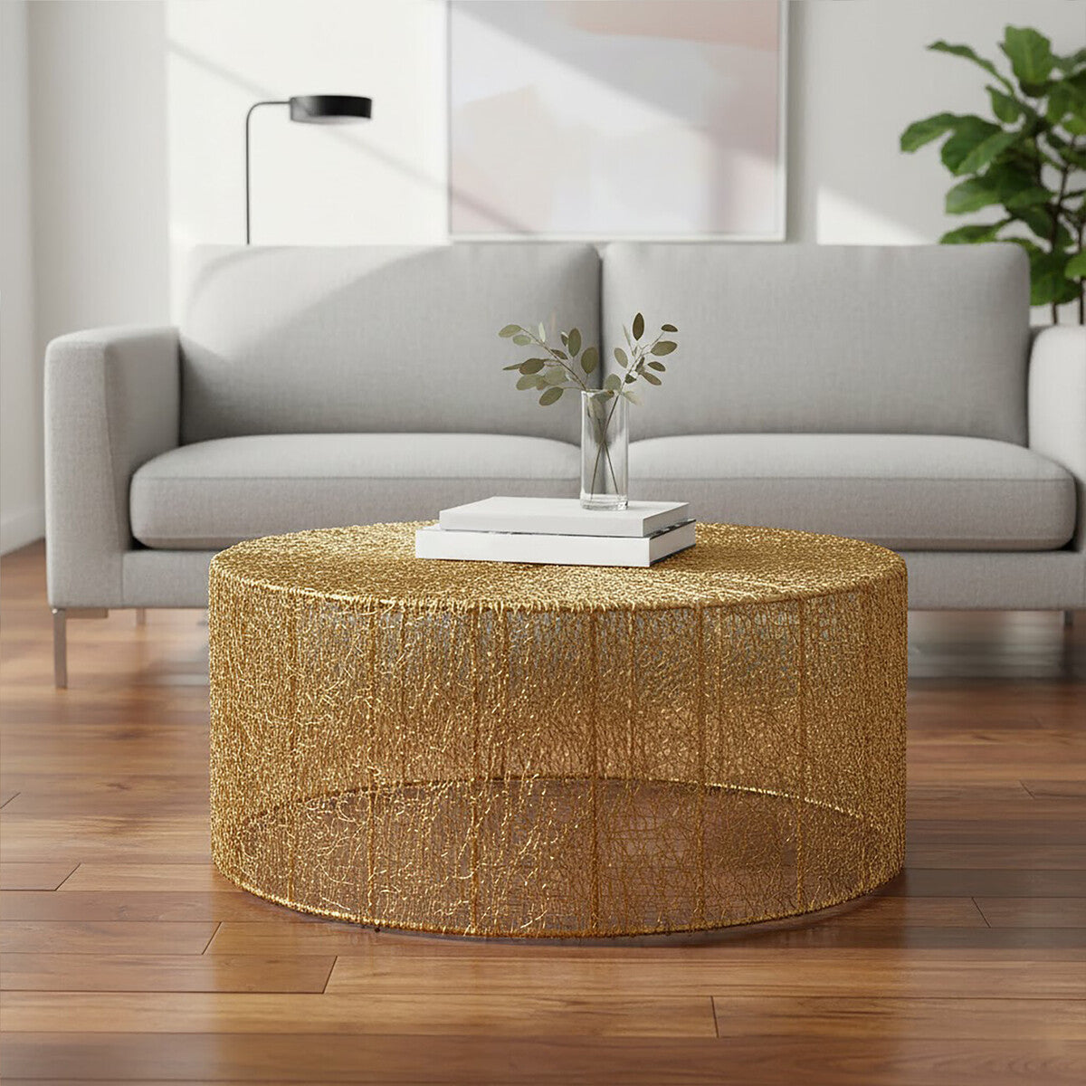 Gold Circular Iron Coffee Table With Gold Vertical Line Frame, Templar