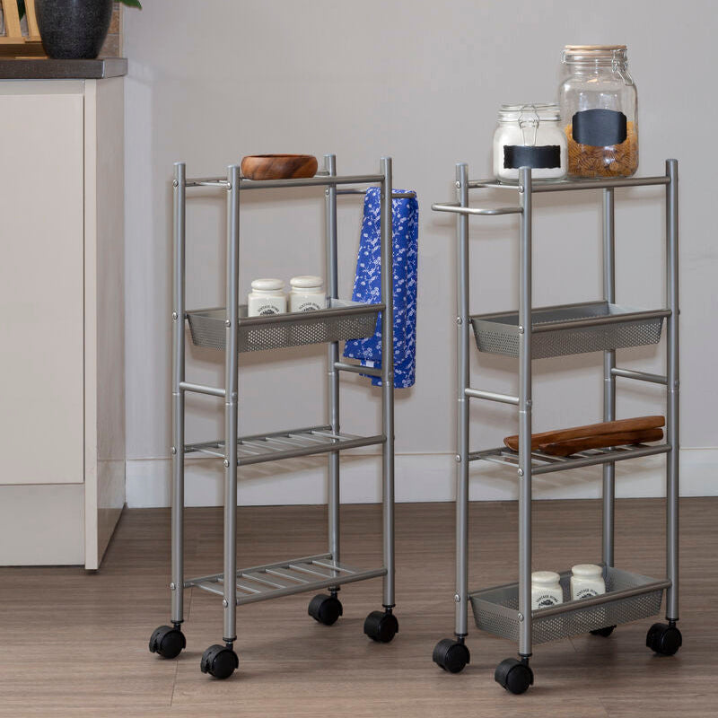Dara 4 Tier Silver Metal Trolley With Basket