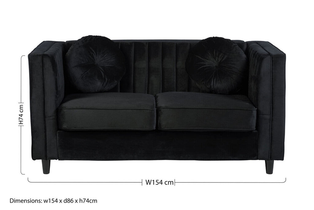 2 Seat Black Velvet Sofa, Farah