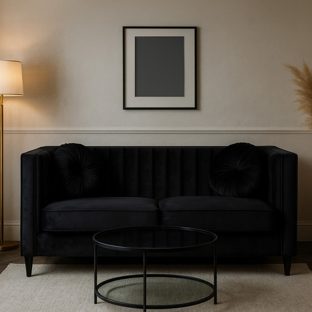 2 Seat Black Velvet Sofa, Farah