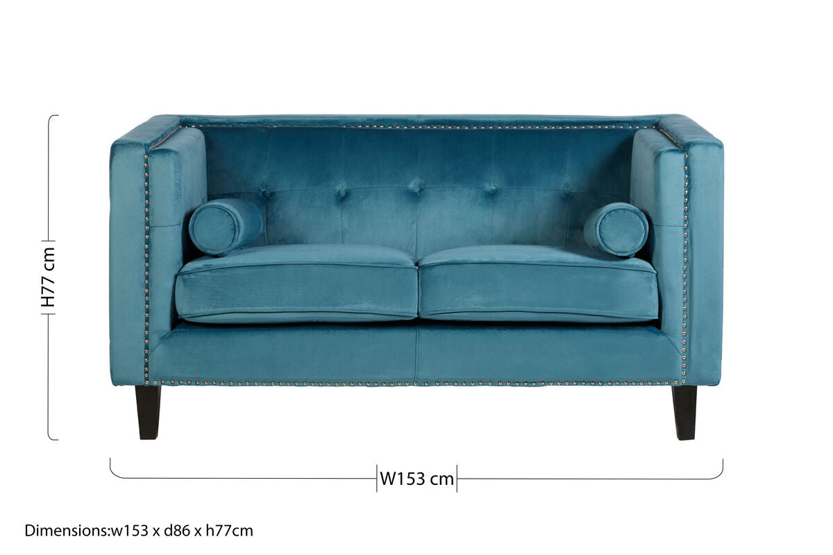 2 Seat Teal Blue Velvet Sofa, Felisa