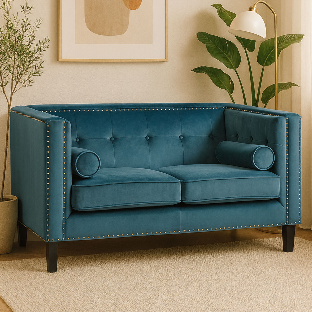 2 Seat Teal Blue Velvet Sofa, Felisa