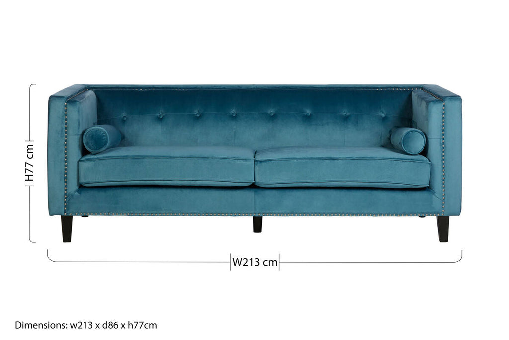 3 Seat Teal Blue Velvet Sofa, Felisa